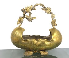 Jugendstil Schale  Jardiniere Henkelschale VOGEL BLUMEN DEKOR Bronze Messing