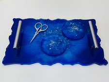 3 tlg. Ring Tablett Resin Art Epoxid Ring Aufsteller Blau Yüzük Tepsisi Takim 