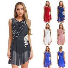 Damen Eiskunstlauf Kleid Glitzer Strass Rollschuhkleid Asymmetrisch Rock Lyrisch