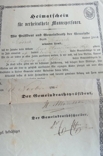 Heimatschein zürich 1863 für - zÜrich,