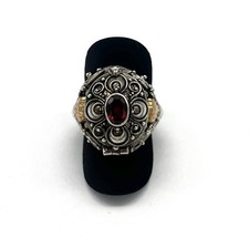 925/- Silberring, Granat, Oval, Muster, Gr. 58, Sterlingsilber antik