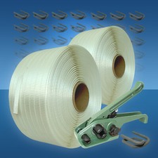 2 x Umreifungsband gewebt 19 mm, 600 m + Haspelspanner + 300 Verschlussklemmen