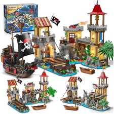 INSOON Piraten Burg Bauspielzeug mit Licht Piratenschiff, 3 Modi Piratenhafen...