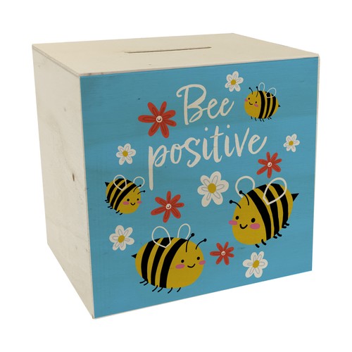 Bee positive spardose aus holz - bee,