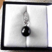 Ketten Clip Anhänger Sterling Silber 925 mit schwarzer Perle und Diamonique