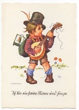 AK Kinder,  kleiner Vagabund, Junge mit Rucksack, Vogelkäfig, Musikinstrument