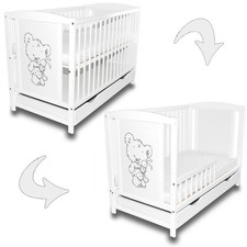 Babybett Gitterbett 2in1 Teddybär Weiß mit Hase + Schublade + Barriere