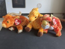Ty Beanie Babys, selten, 2 mit Etikett. 2000 Ochse, 1995 Zweige und 2000 Tiger.