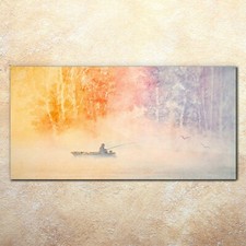Glasbilder Wandbild Druck auf Glas 140x70 Aquarell Fischer Boot Angel landschaft