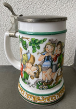 BMF Bierkrug Zinndeckel, spielende u. prügelnde Kinder in Bayerischer Kleidung