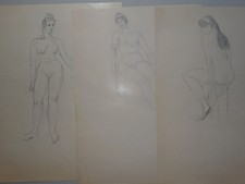 Weibliche Akte sitzend stehend Körperstudien Frauen 3 Bleistiftzeichnungen 1956