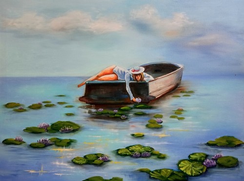 Junge frau boot ölbild - frau,