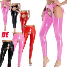 DE Damen Wetlook Hose Lack Optik Lange Hose Lederhose Strumpfhose Pants Clubwear