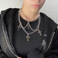 Silberne Kette Mit Goldenen Kreuzen Grunge Goth Alternative Style Modeschmuck