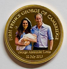 1 Medaille / Münze Royal Baby Prince George William & Kate vergoldet