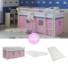 Hochbett 90x200 Kinderbett mit Treppe Matratze Mädchen Rosa Vorhang Homestyle4u