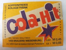 1x altes DDR Etikett COLA-HIT - VEB  Brauerei Wiesenburg Kombinat Potsdam 