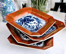 4er Set Vintage Japanische Porzellan Teller Blau Weiß Querformat mit Goldrand