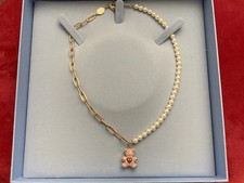 Swarovski Halskette Glieder Gold Perlen Funkelnder Rosa Teddybär Anhänger