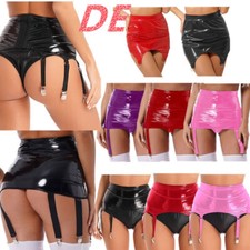 DE Damen Wetlook Lackleder Strumpfgürtel Minirock Strapshalter Dessous Clubwear