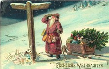 24.12.1909 Glückwunschkarte goldgeprägt Weihnachtsmann braun Schlitten Wegekreuz