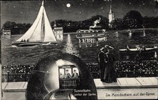 Mondschein Ak Berlin, Spree im Mondschein, Segelboot, Tunnelbahn... - 3535820