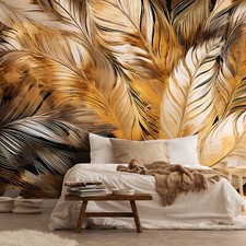 Fototapete Federn Abstrakt 3D Effekt Gold Wohnzimmer VLIES TAPETE XXL + KLEISTER