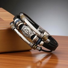 Monas modernes Herren Armband Leder Edelstahl Clipverschluss Antik versilbert