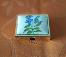 Pillendose, rechteckig, Metall, mit 2 Fächern, 4 x 3 cm, Porzellandeckel Pflanze