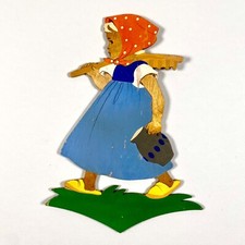 1940er Märchen-Holzbild von Hellerkunst: Reizendes Bauernhof-Mädchen 20cm Mängel