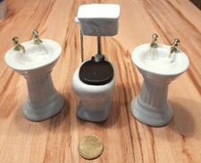 Miniatur Waschbecken u. Toilette, Porzellan, f. Puppenhaus/ Puppenstube, vintage