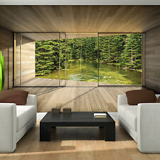 Vlies Fototapete 3D Terrasse Fenster Ausblick Wald See Natur Wohnzimmer Tapete