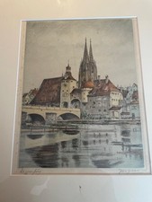 Regensburg Farb Radierung, sig. mit  "Deegen" ?, Rahmen 54x44cm , Bild 29x23cm,