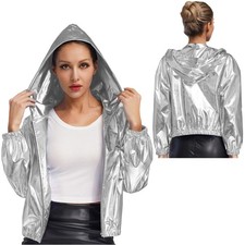 Damen Metallic-Jacke mit langen Ärmeln Kapuze und Reißverschluss Clubwear Party