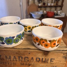 Vintage Set 6 Arcopal France weiße Glasschalen - bunte Blumen!