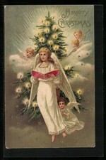 Weihnachtsengel mit Weihnachtsbaum zum Feste, Ansichtskarte 