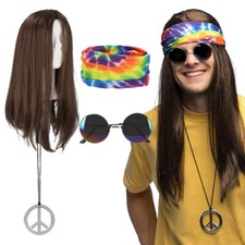 Hippie Set Stirnband Nickelbrillebrille Perücke Peacekette Mottoparty 70er