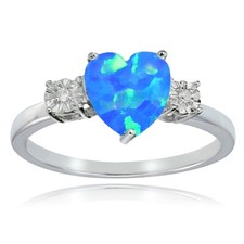 Sterlingsilber Künstlicher Blauer Opal Und Diamant Akzent Herz Ring, Größe 7
