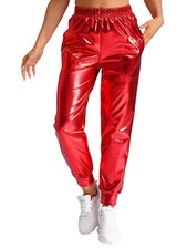 DE iEFiEL Damen Glänzend Hose Lange Cargo Hose Pants Sweathose Tanzhose Disco