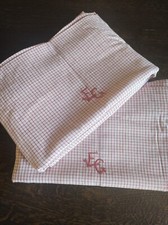2 wunderschöne karierte Kissenbezüge mit Monogramm EG, Bauernbettwäsche antik 