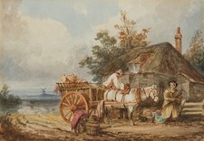 W. BURGES (19.Jhd), Fuhrwerk an Bauernkate, Aq. Romantik Berufsleben 1800-1849