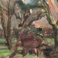 Gabriele Schulz Garten mit Schubkarre Ostdeutsche Kunst signiert Aquarell 1986