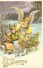 Glückwunsch Weihnachten, Engel mit Schlittenhund, Künstler-Präge-Postkarte