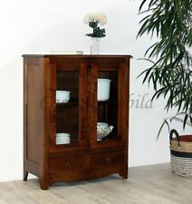 kommode mit glastüren 78x100x37cm Braun kolonial nußbaumfarben Anrichte Vitrine