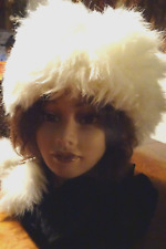 Chice Mütze Haube Pelz weiß Leder 2 Pelzbommeln gefüttert Mittelalter Larp rar