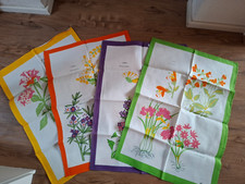 Vintage 4er-Set Geschirrtücher 70er, unbenutzt, Zucchi, Kräuter-Motiv