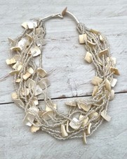 Halskette Collier Choker Perlmutt Muschel Statement natur/hellbeige 10-reihig