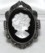 Vintage Silber 925 Ring Kamee Gemme Ring Markasiten Perlmutt Onyx ? Ringgröße 55