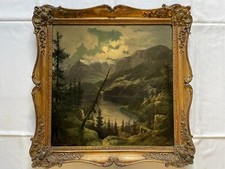 Ölgemälde alt Romantik Mond See Berge Wald Th. Baumgarten München um 1850