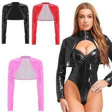 DE Sexy Damen PU Leder Jacke Kurz Bolero Langarm Crop Top Party Gogo Clubwear